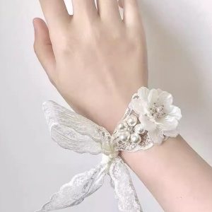 White Ceramic Flower Wrist Corsage with Lace Ribbon