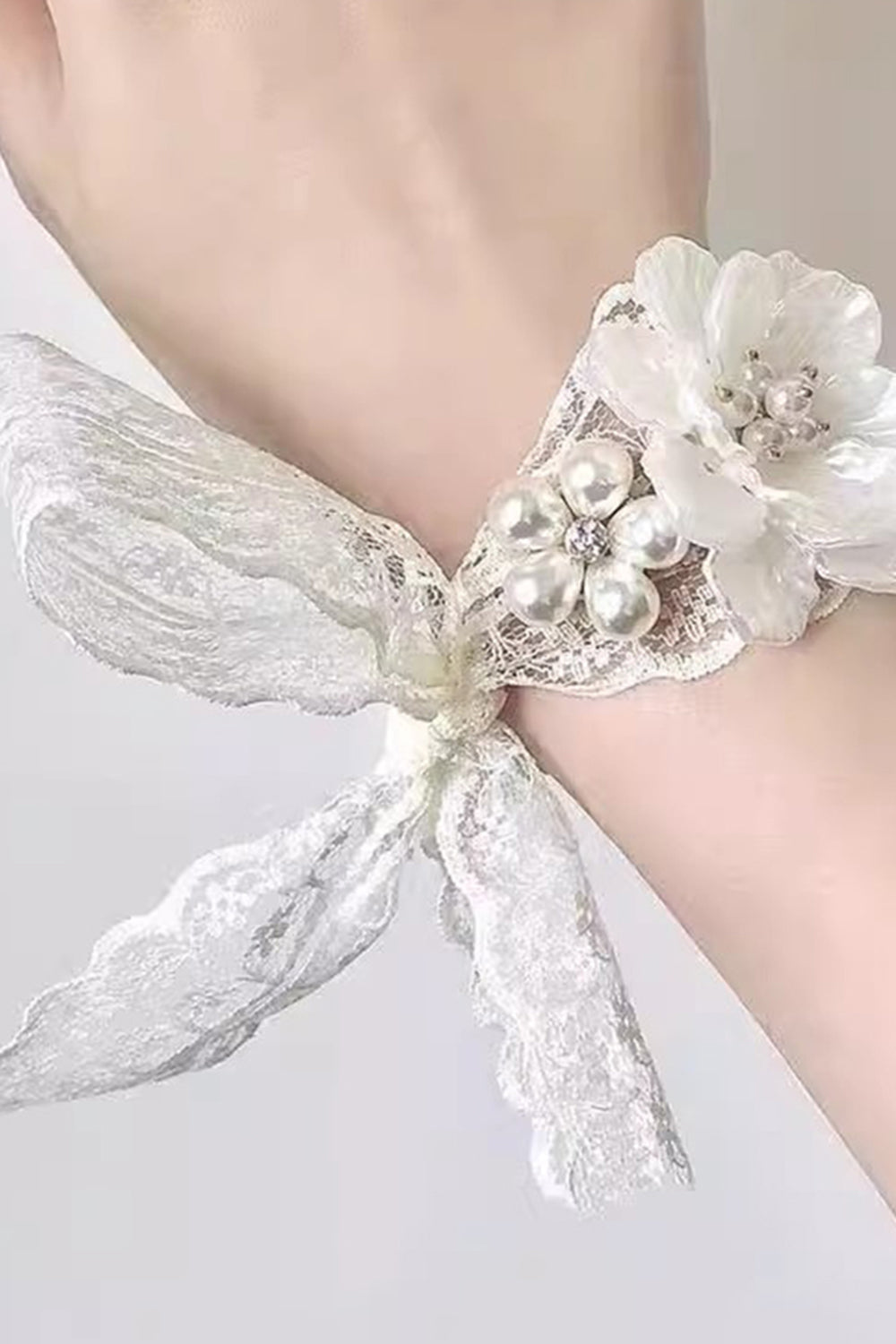 White Ceramic Flower Wrist Corsage with Lace Ribbon - Image 2