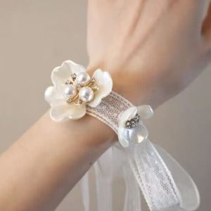 White Ceramic Petal Wrist Corsage with Pearls