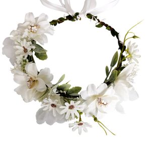White Floral Wedding Headband Hair Wreath with Ribbon