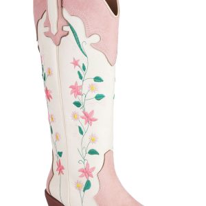 White Embroidered Knee High Wide Calf Chunky Heel Cowgirl Boots