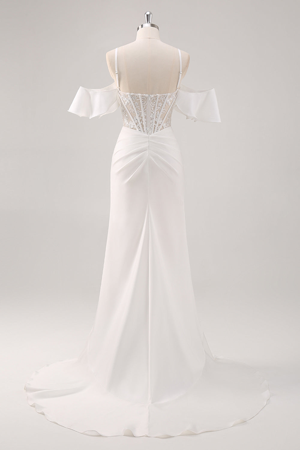 White Mermaid Cold Shoulder Corset Appliqued Long Prom Dress with Slit - Image 2