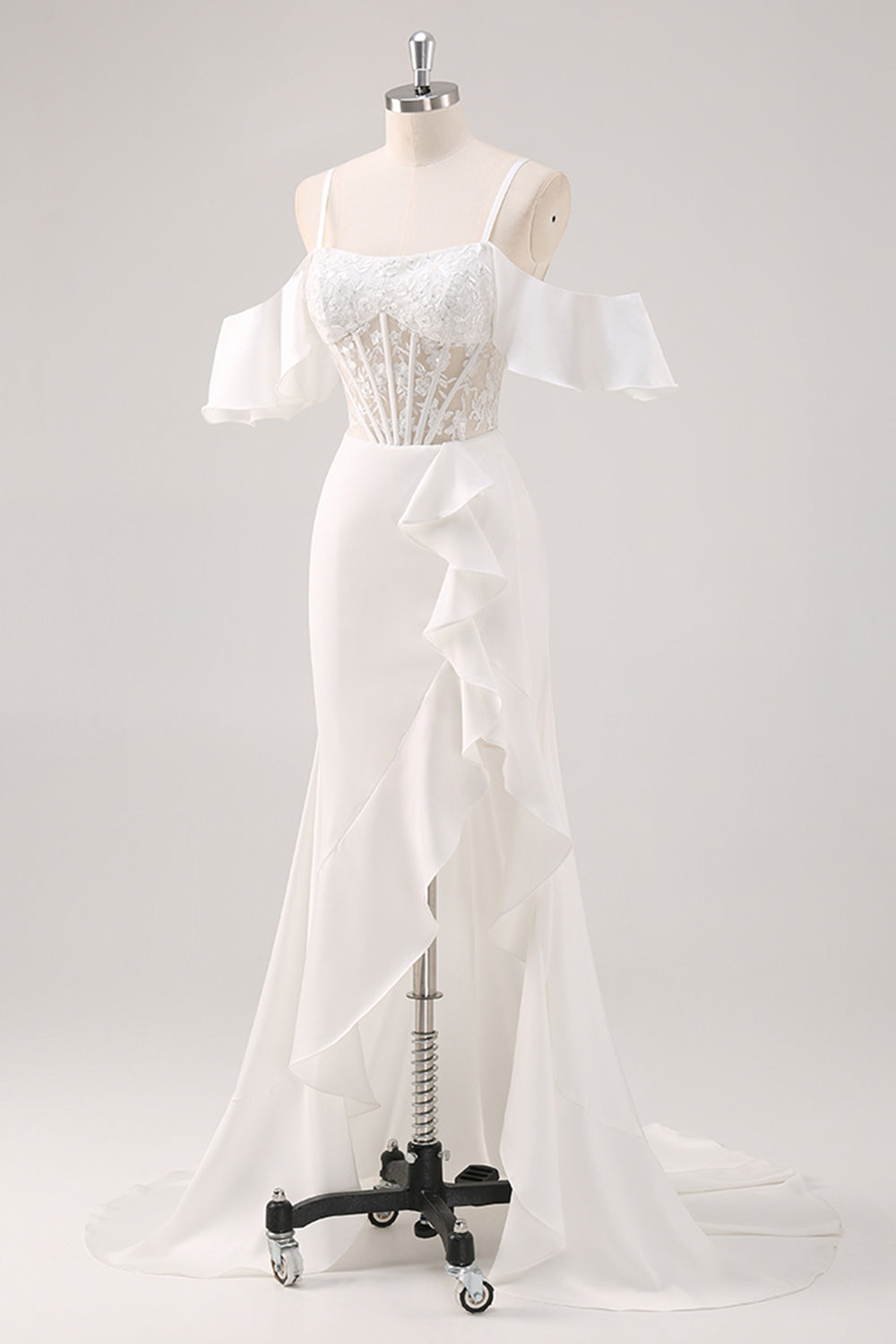 White Mermaid Cold Shoulder Corset Appliqued Long Prom Dress with Slit - Image 3