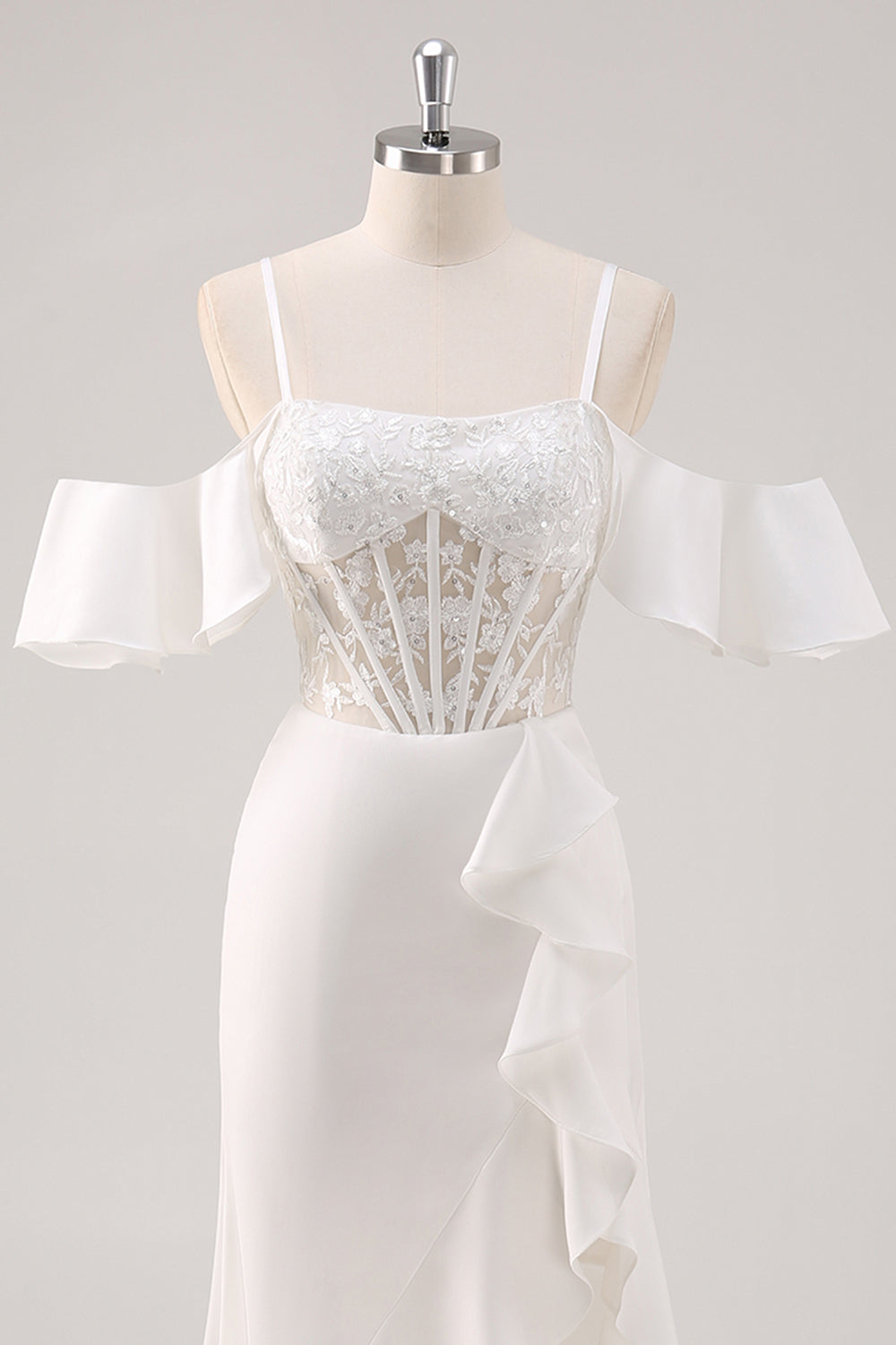 White Mermaid Cold Shoulder Corset Appliqued Long Prom Dress with Slit - Image 4