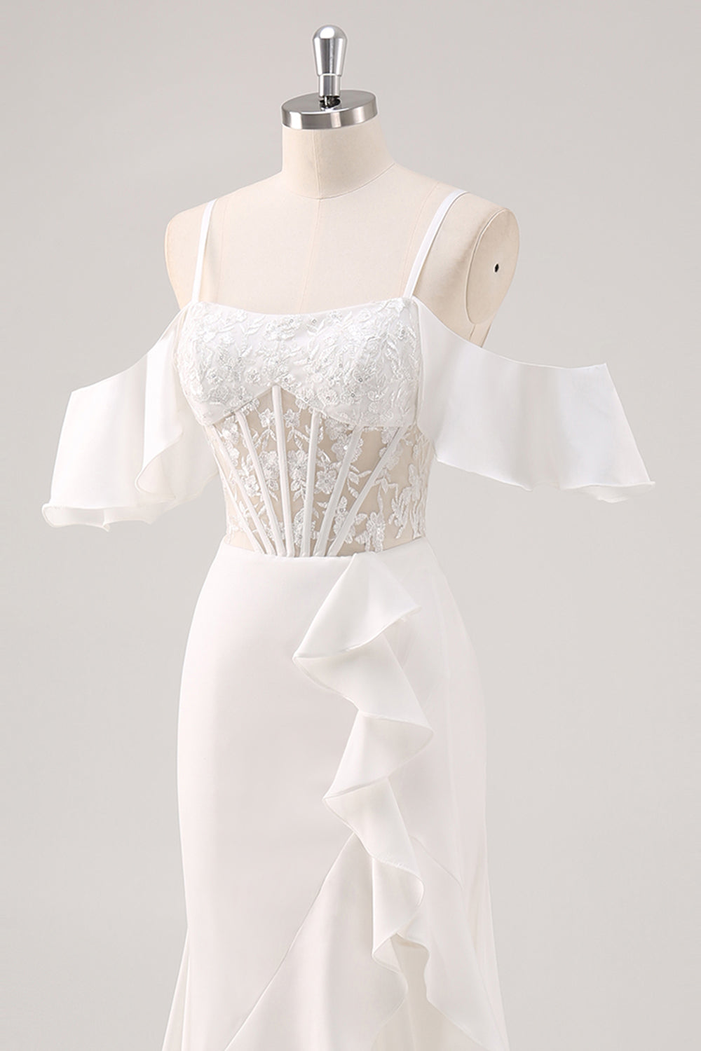 White Mermaid Cold Shoulder Corset Appliqued Long Prom Dress with Slit - Image 6