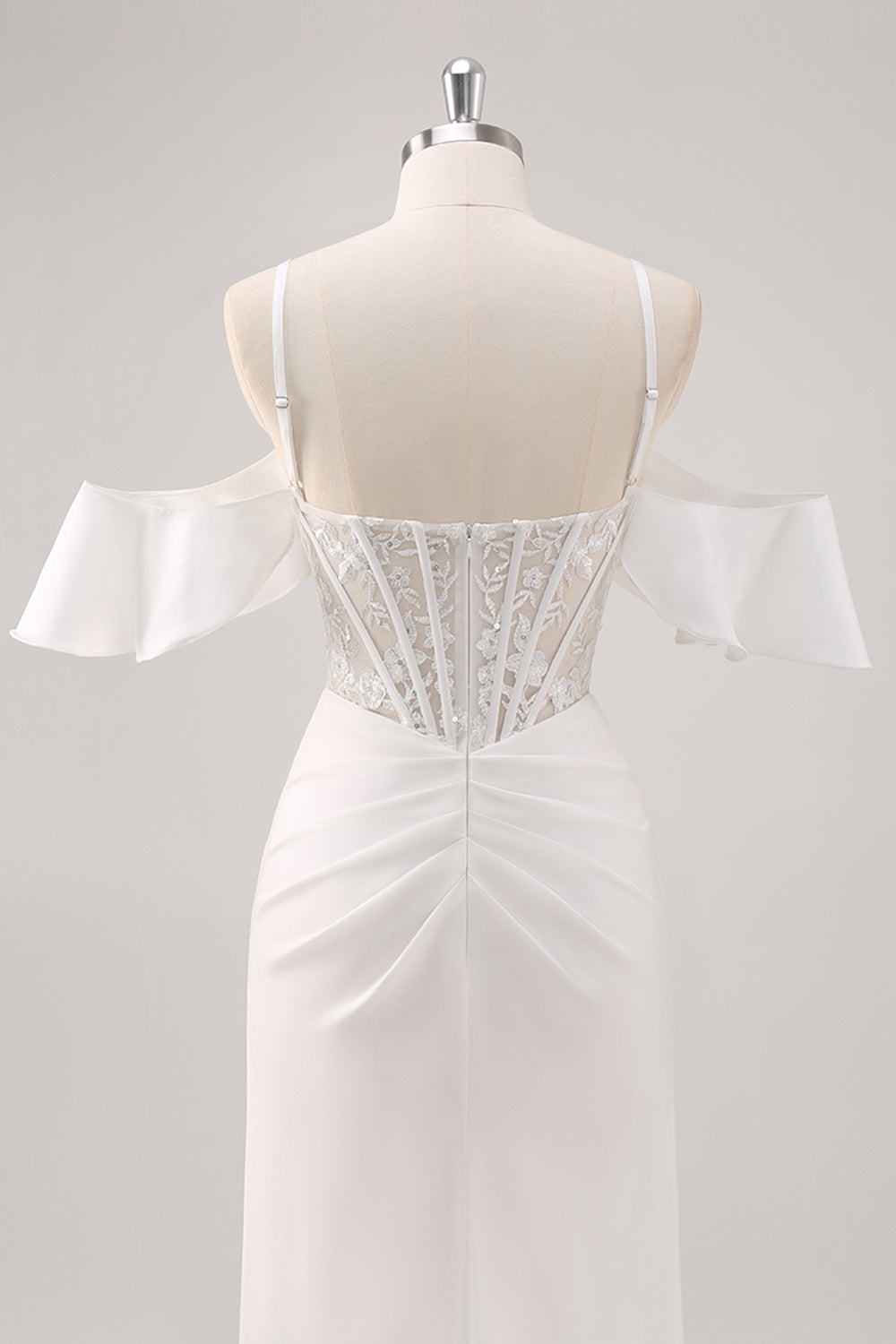 White Mermaid Cold Shoulder Corset Appliqued Long Prom Dress with Slit - Image 5