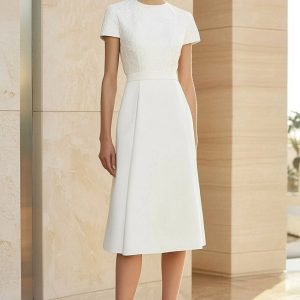 White Jacquard Round Neck Midi Formal Dress with Short Sleeves
