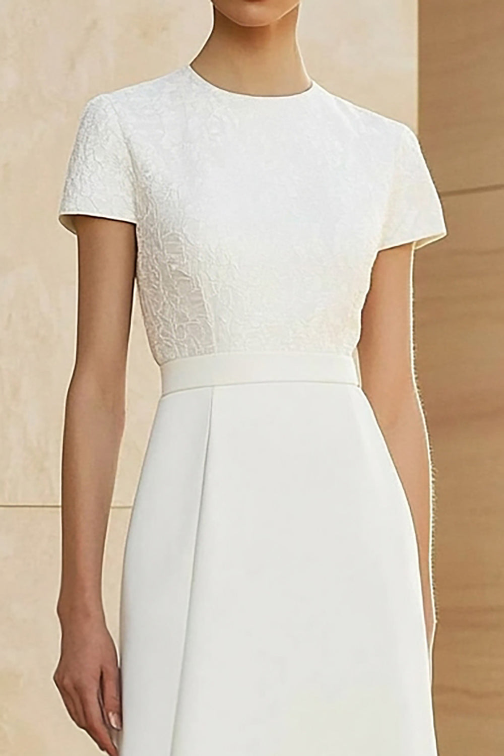 White Jacquard Round Neck Midi Formal Dress with Short Sleeves - Image 3