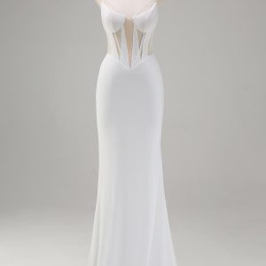 White Mermaid Spaghetti Straps Corset Long Prom Dress with Lace Up Back