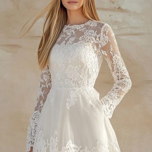 White Jewel Neck A Line Lace Long Sleeve Mini Dress
