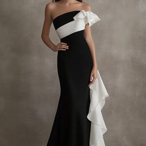 Strapless Black White Formal Dress with Ruffled Sash