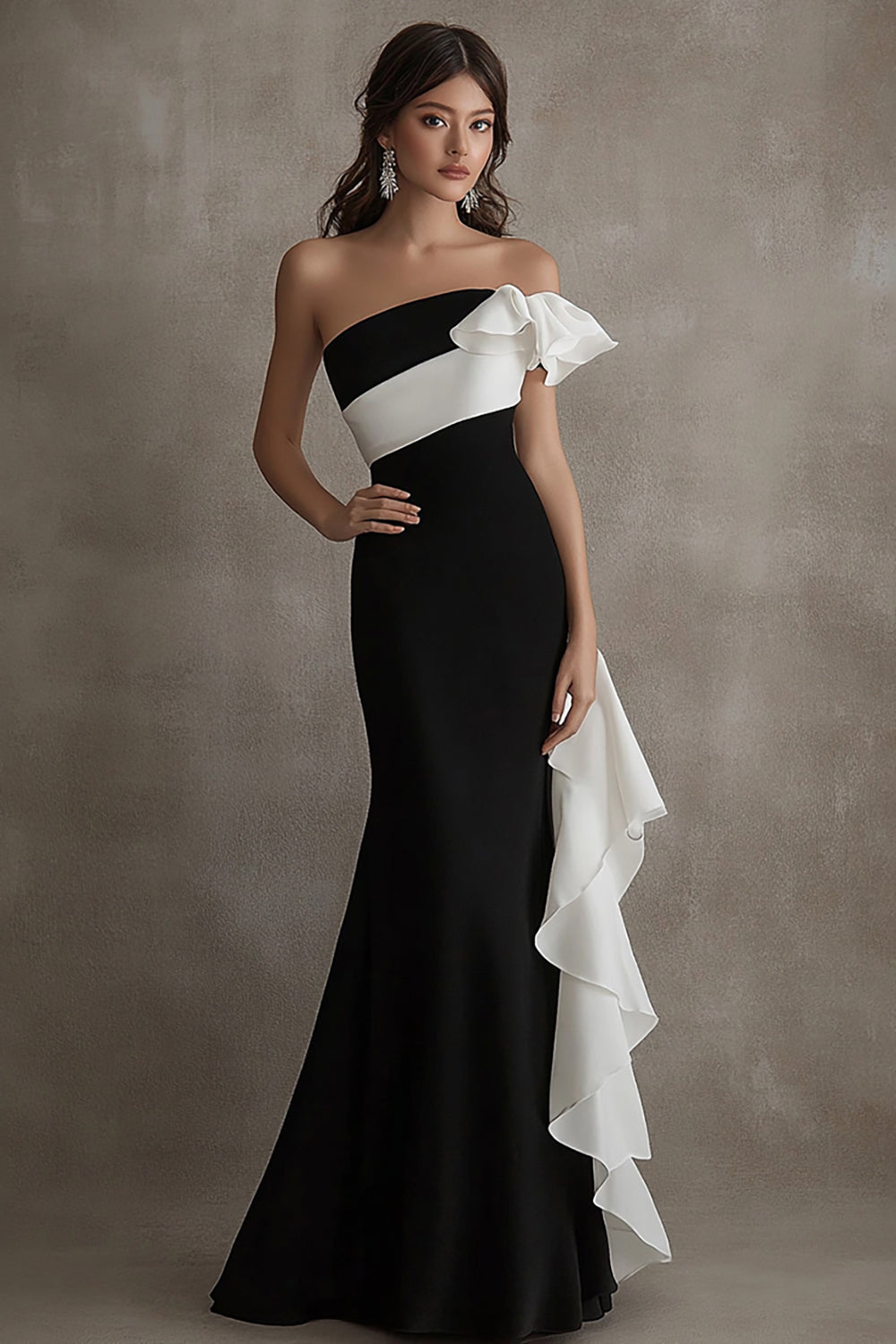 Strapless Black White Formal Dress with Ruffled Sash