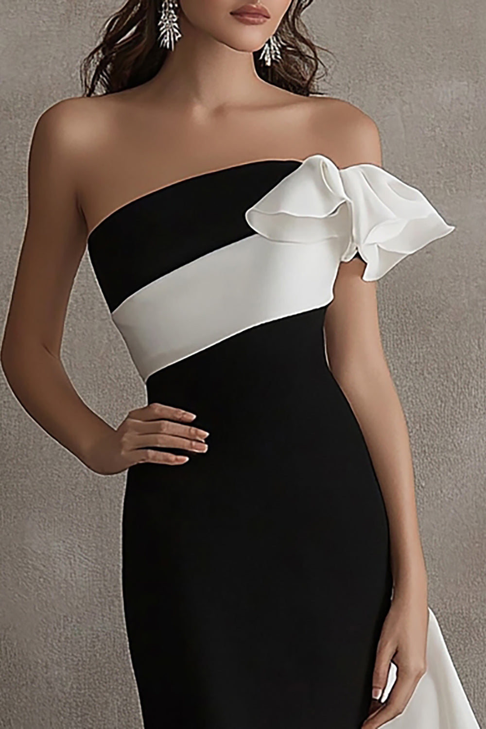 Strapless Black White Formal Dress with Ruffled Sash - Image 2
