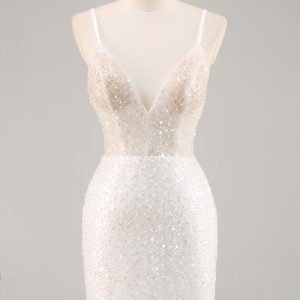 White Bodycon V Neck Mini Graduation Dress With Sequins