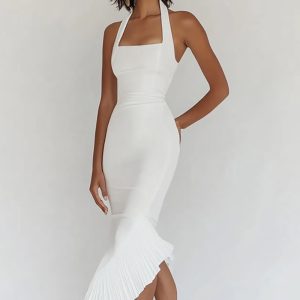 White Halter Mermaid Pleated Party Dress