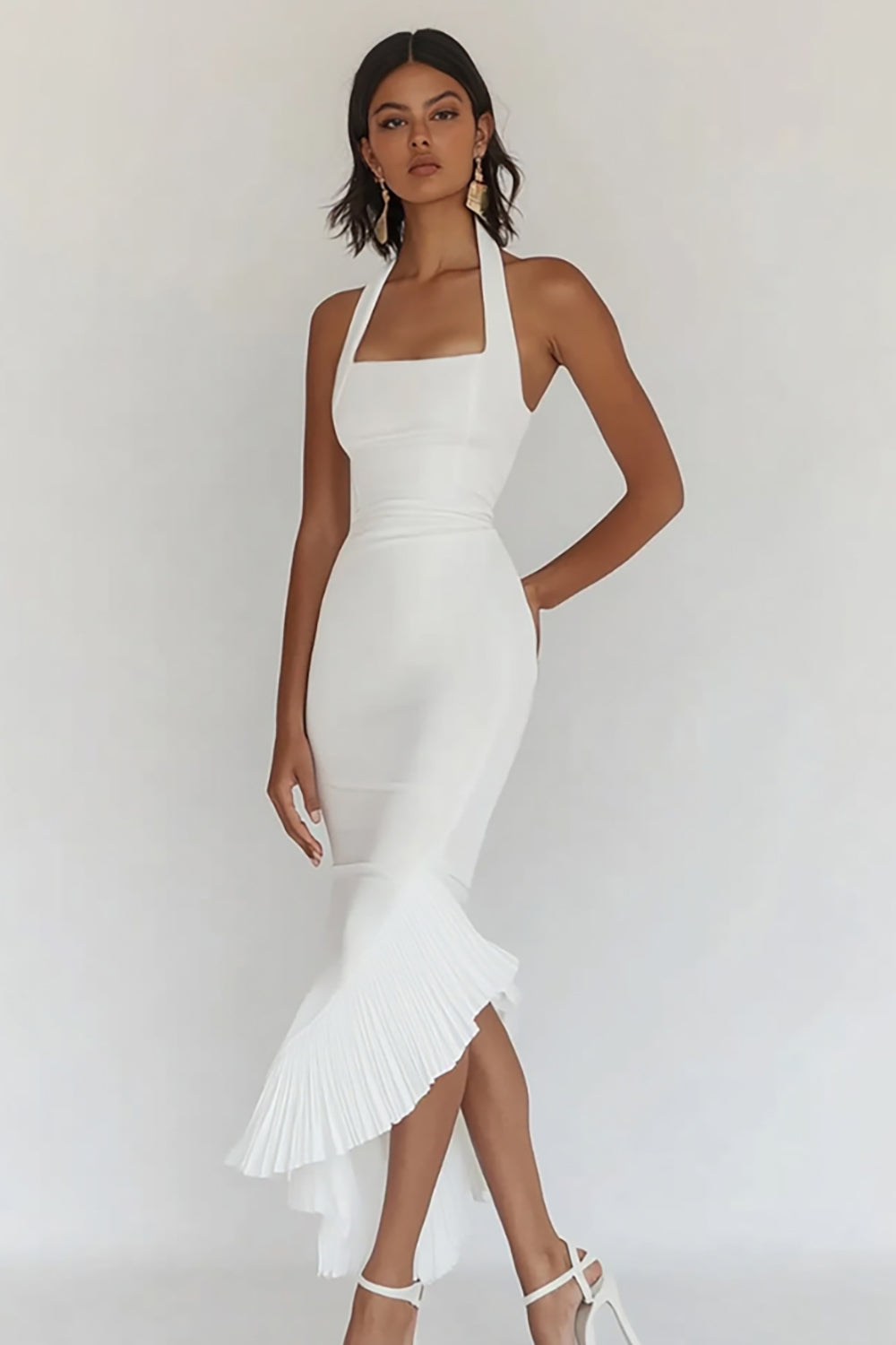 White Halter Mermaid Pleated Party Dress