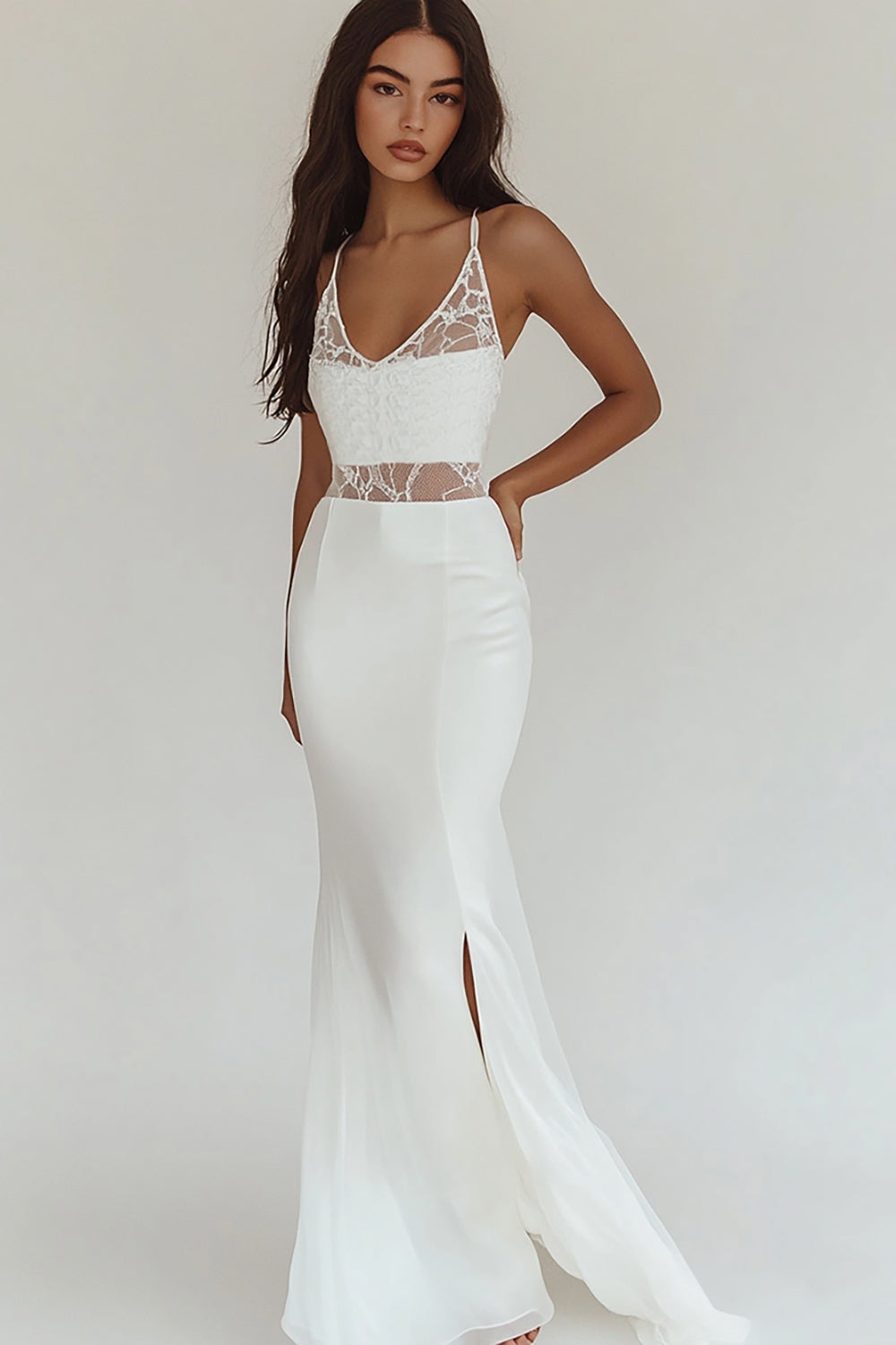 White Lace Mermaid Maxi Dress with Slit