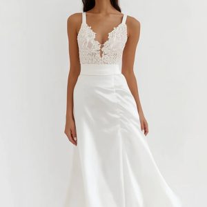 White Lace Satin A Line Midi Graduation Dress
