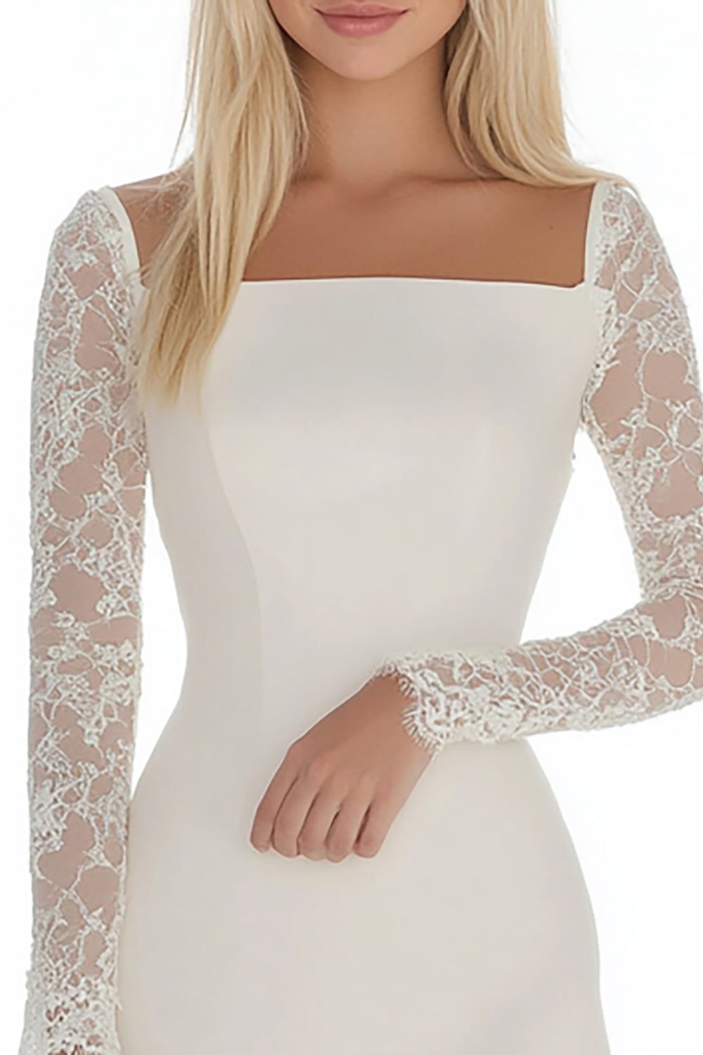 White Bodycon Satin Lace Graduation Dress with Long Sleeves - Image 2