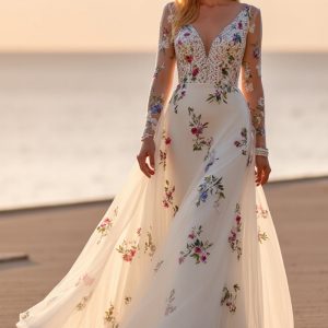 White Floral Long Sleeve A Line Boho Wedding Dress