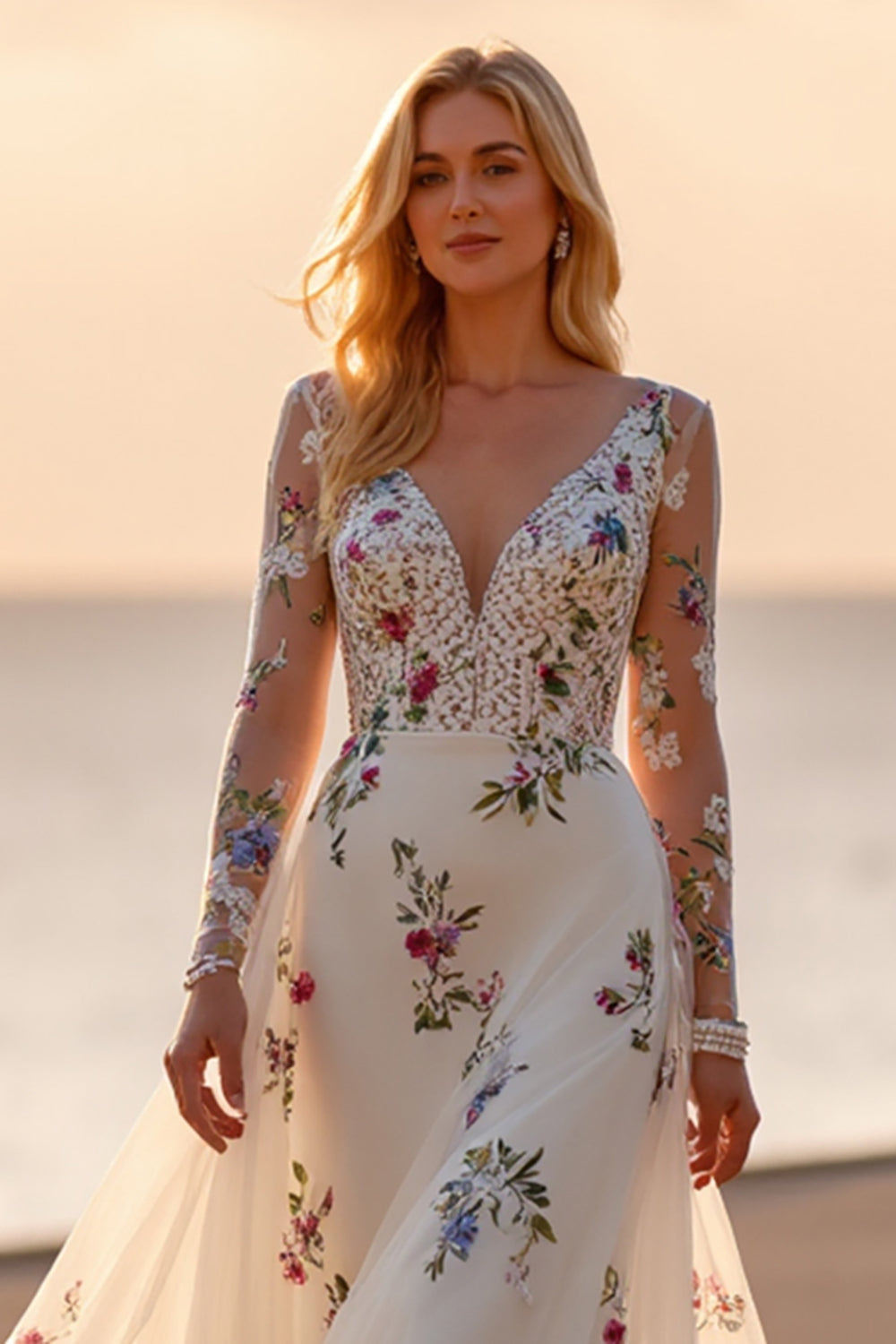 White Floral Long Sleeve A Line Boho Wedding Dress - Image 2