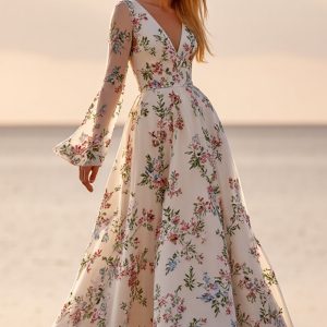 White Long Sleeve A Line Floral Wedding Dress
