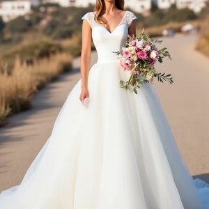 White A Line Cap Sleeve Long Wedding Dress