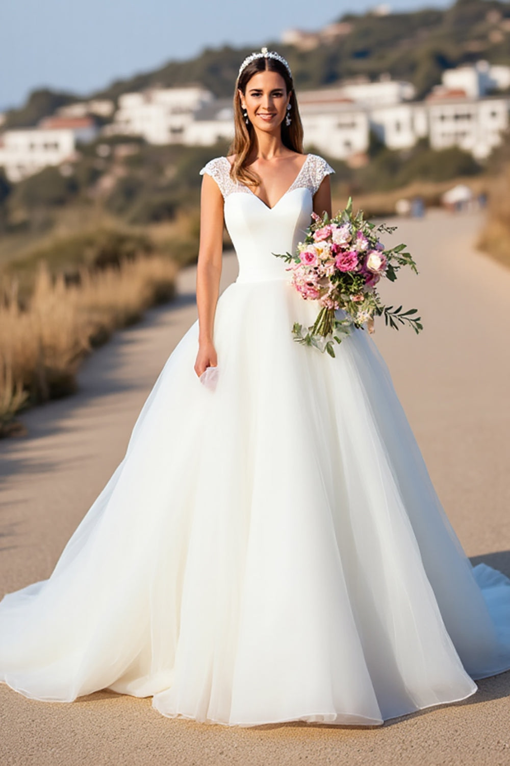 White A Line Cap Sleeve Long Wedding Dress