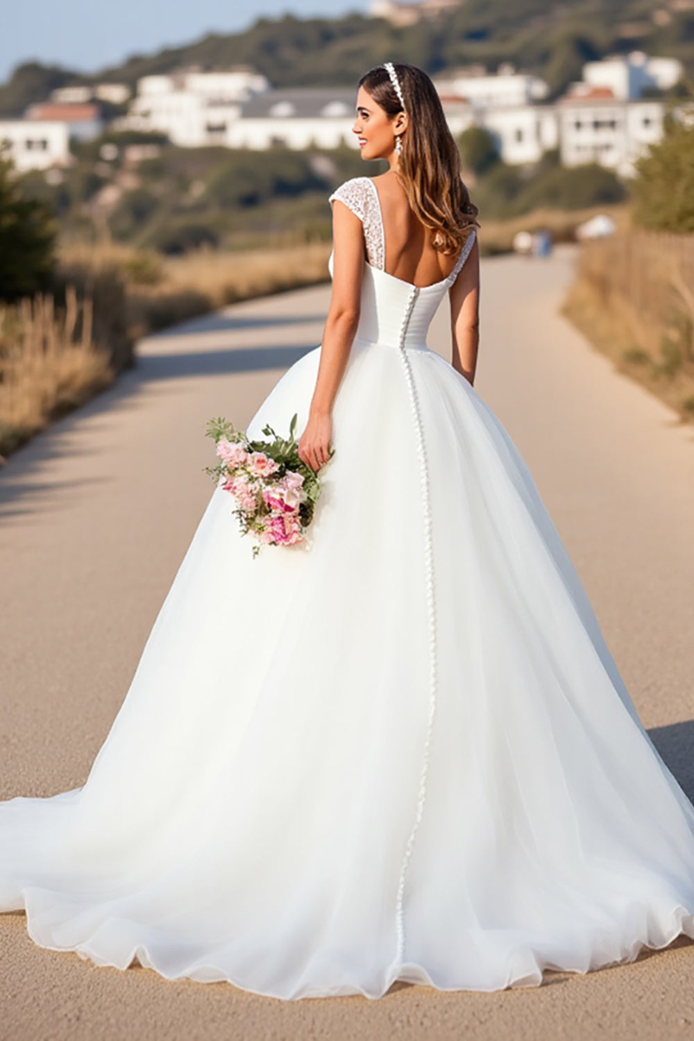 White A Line Cap Sleeve Long Wedding Dress - Image 2