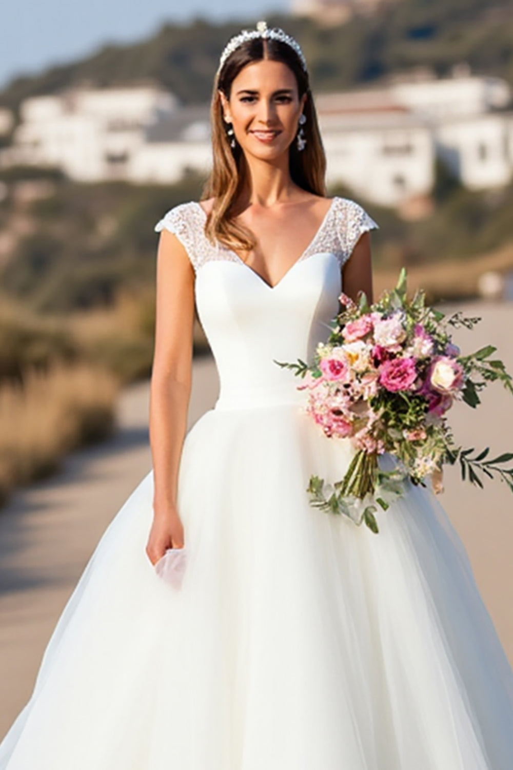 White A Line Cap Sleeve Long Wedding Dress - Image 4