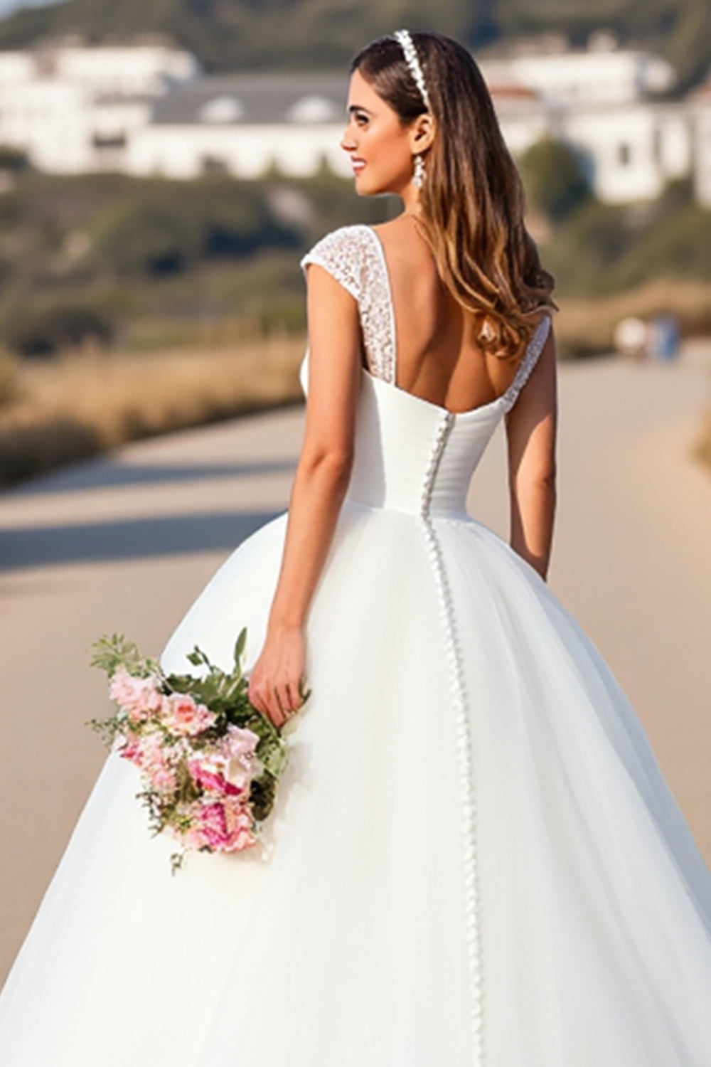White A Line Cap Sleeve Long Wedding Dress - Image 5