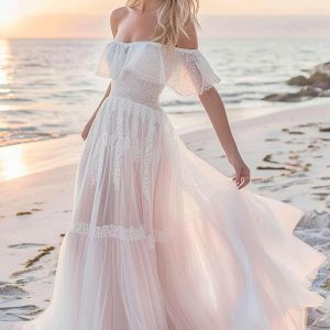 White Off The Shoulder A Line Boho Wedding Dress With Ruffles