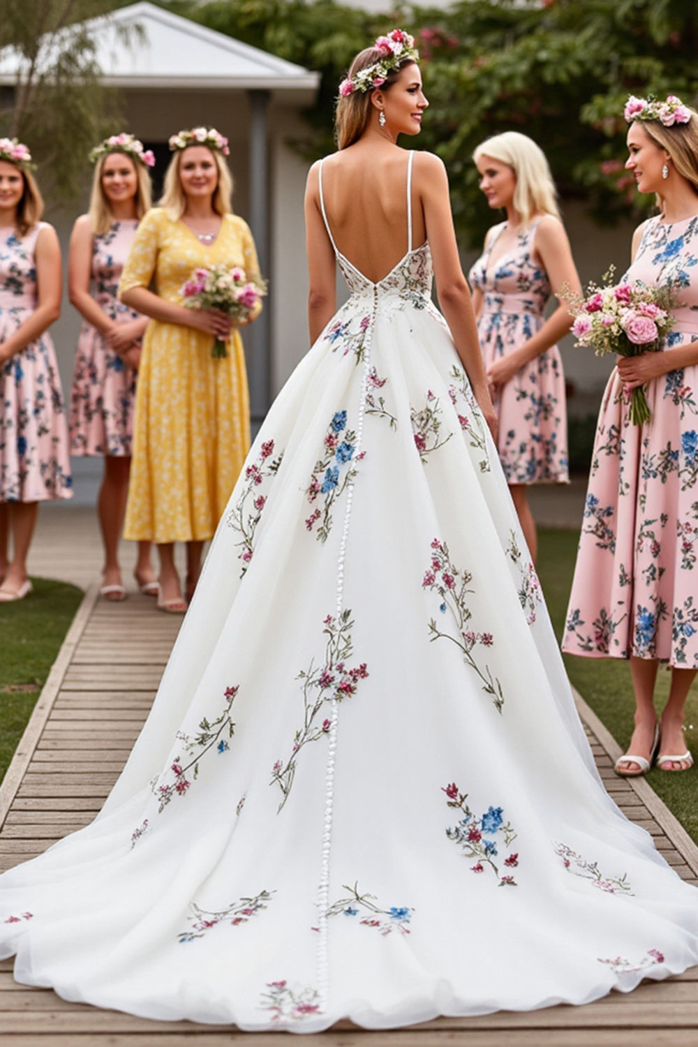 White Floral Long Wedding Dress with Appliques - Image 2