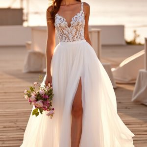 White Lace A Line Wedding Dress with Slit