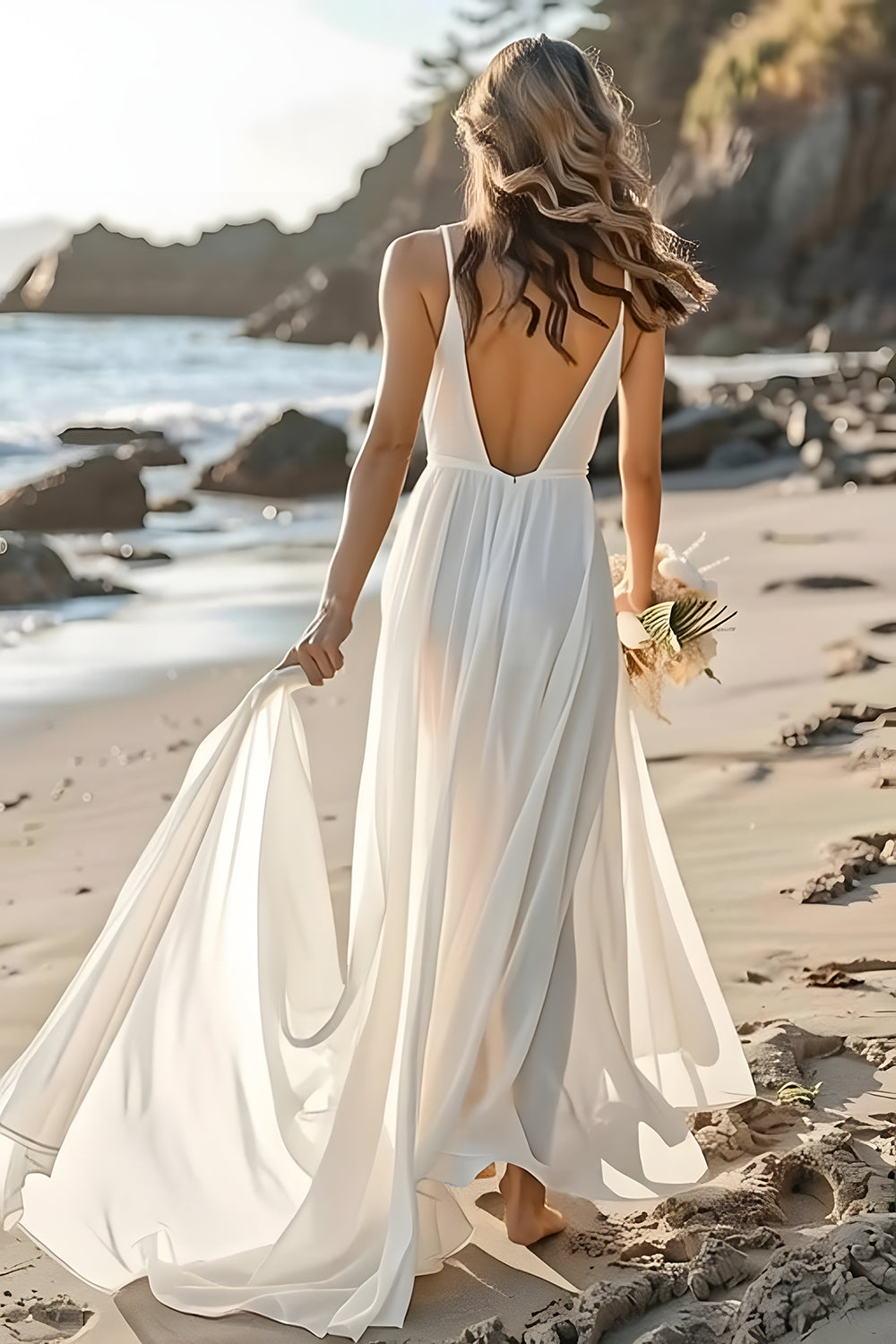 White Chiffon Spaghetti Straps Long Wedding Dress - Image 2