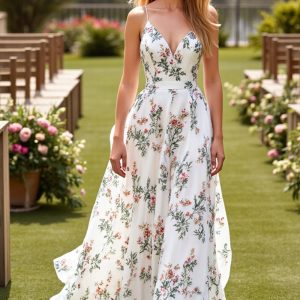 White Floral A Line Spaghetti Straps Wedding Dress