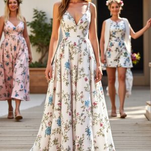 White Floral Spaghetti Straps A Line Wedding Dress