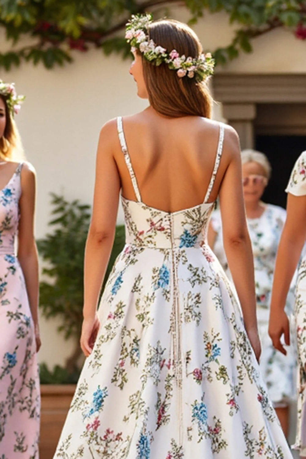 White Floral Spaghetti Straps A Line Wedding Dress - Image 4