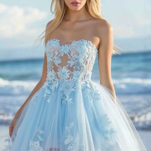 Strapless Blue A Line Homecoming Dress with Appliques