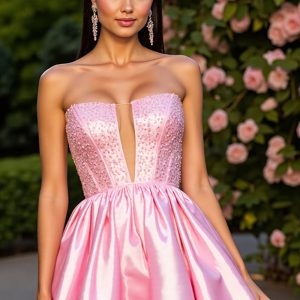 Strapless A Line Satin Pink Homecoming Dress with Beading