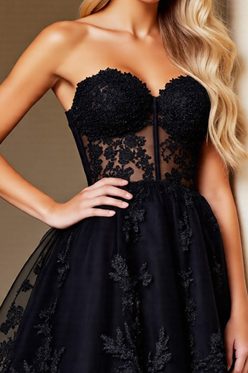 Strapless Black Appliqued Homecoming Dress - Image 3