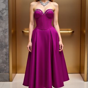Strapless Beaded Fuchsia A Line Wedding Guest Dress