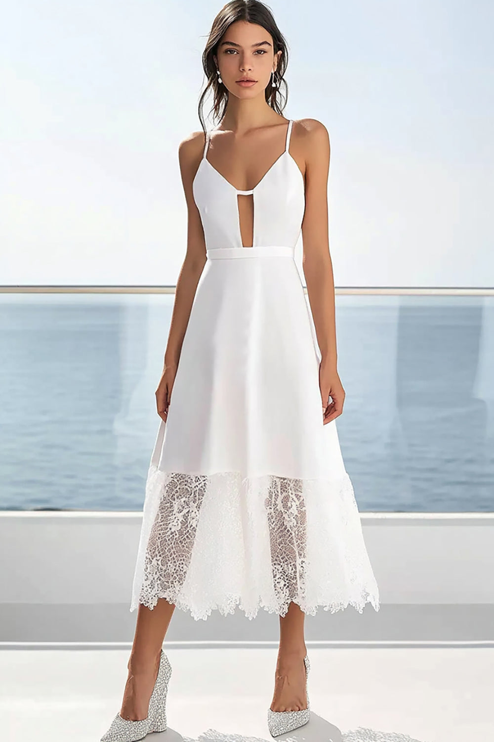 White Keyhole A Line Graduation Dress With Lace