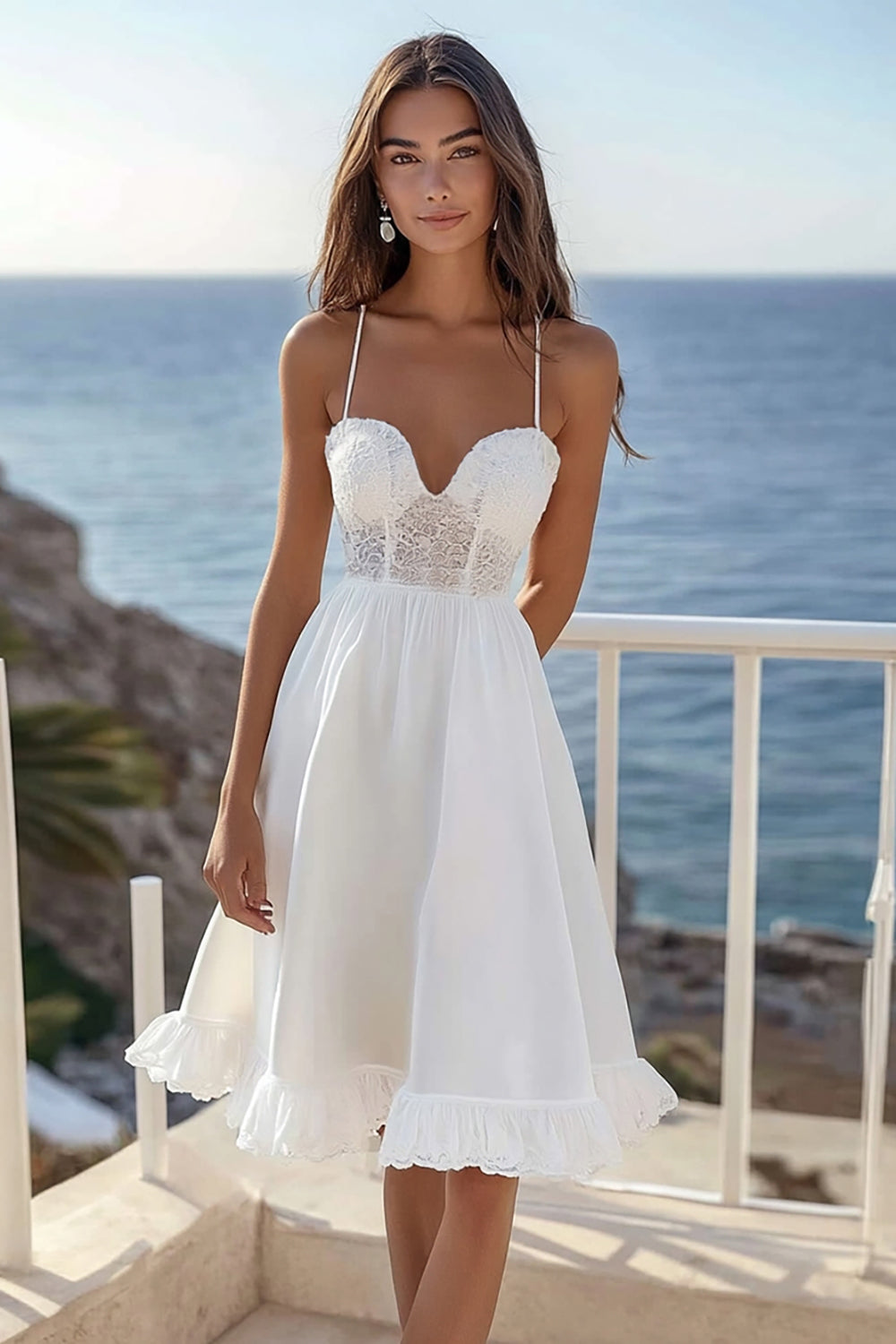 White A Line Spaghetti Straps Graduation Dress With Lace