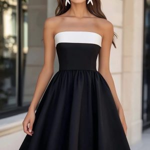 Strapless Black A Line Satin Graduation Dress