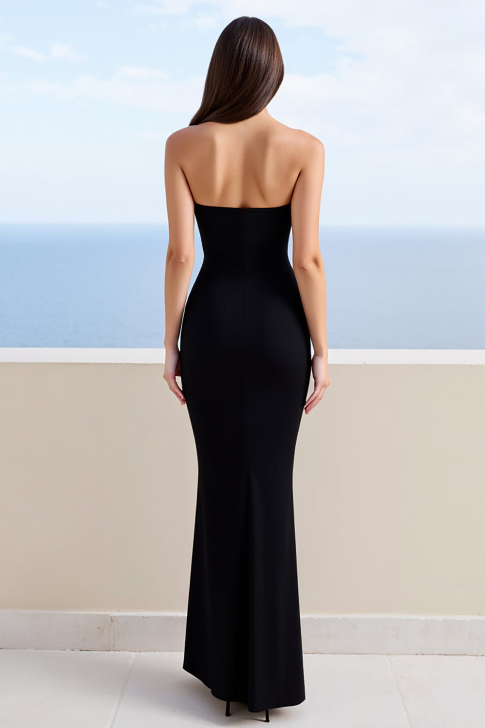 Strapless Black Sheath Formal Dress with Slit - Image 2
