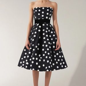 Strapless Black White A Line Polka Dot Dress
