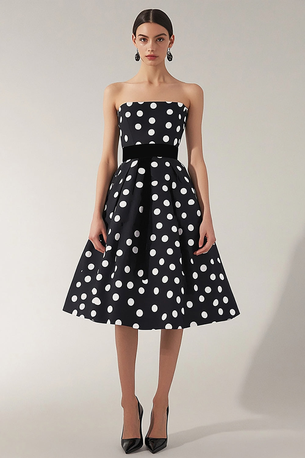 Strapless Black White A Line Polka Dot Dress