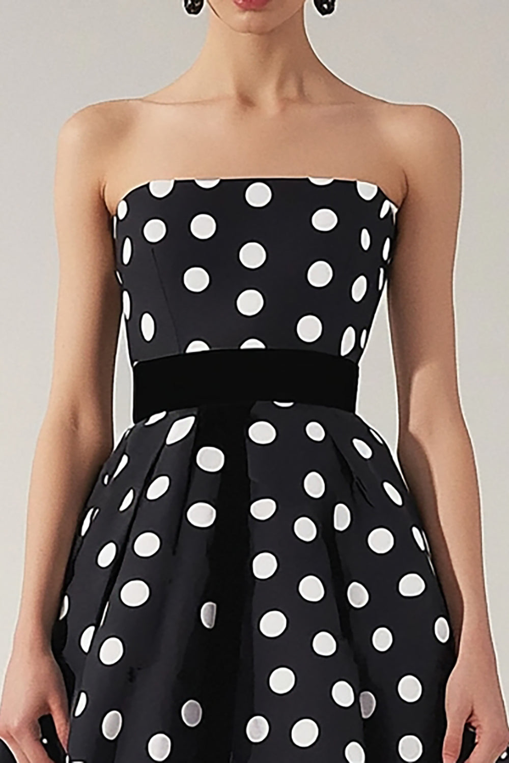 Strapless Black White A Line Polka Dot Dress - Image 2