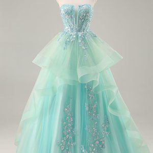 Strapless Appliqued Corset Green Prom Dress with Ruffles